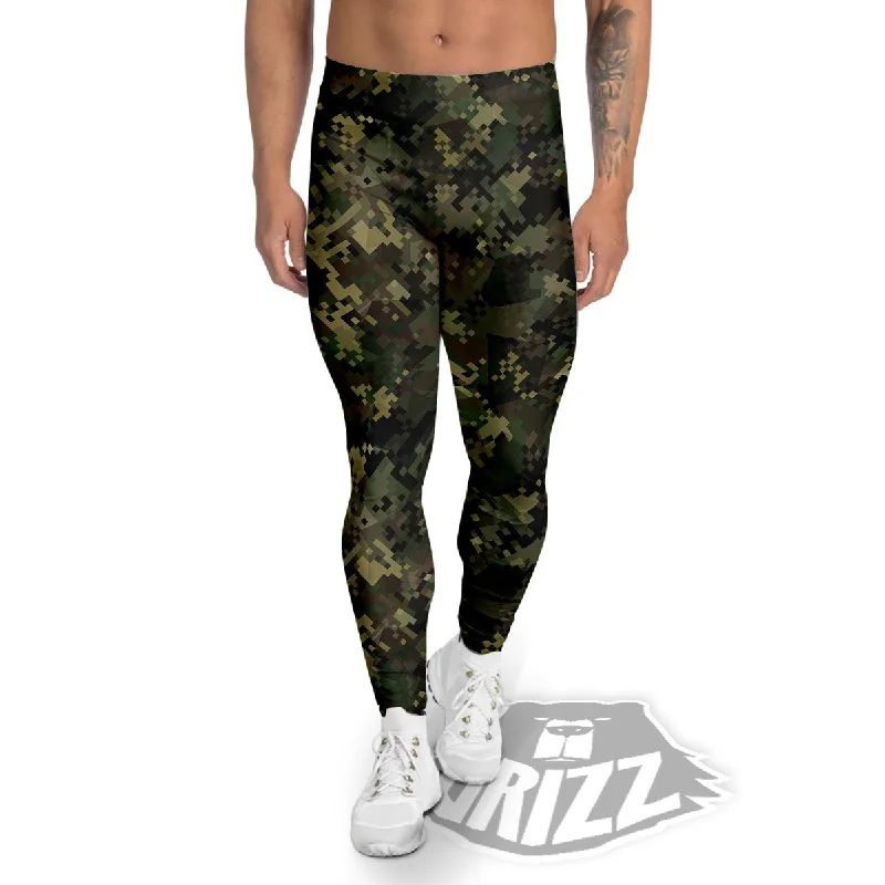 Digital Camo Forest Green Print Pattern Men's Leggings