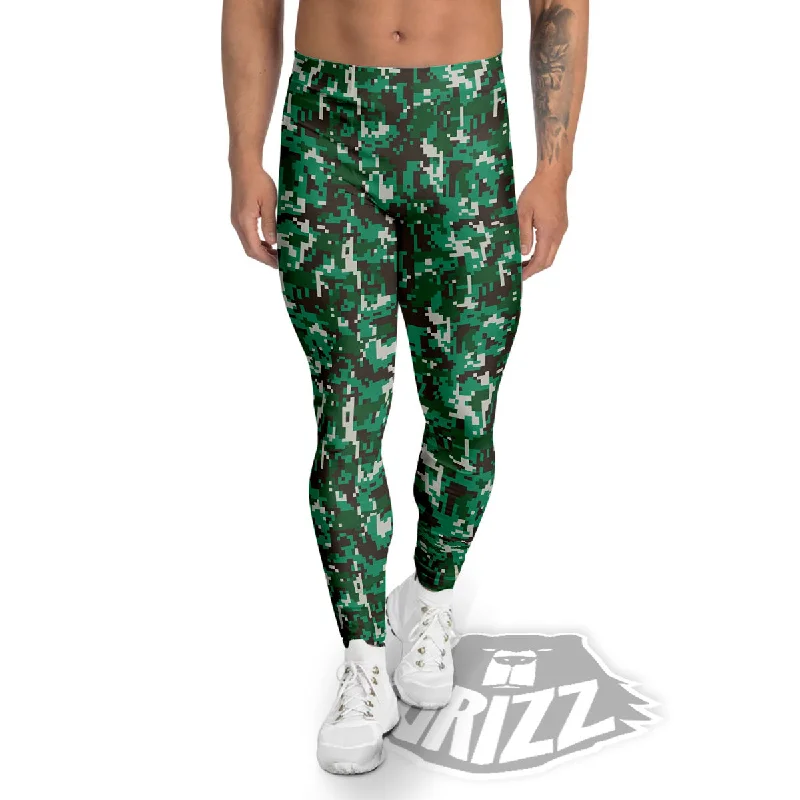 Digital Camo White And Green Print Men's Leggings