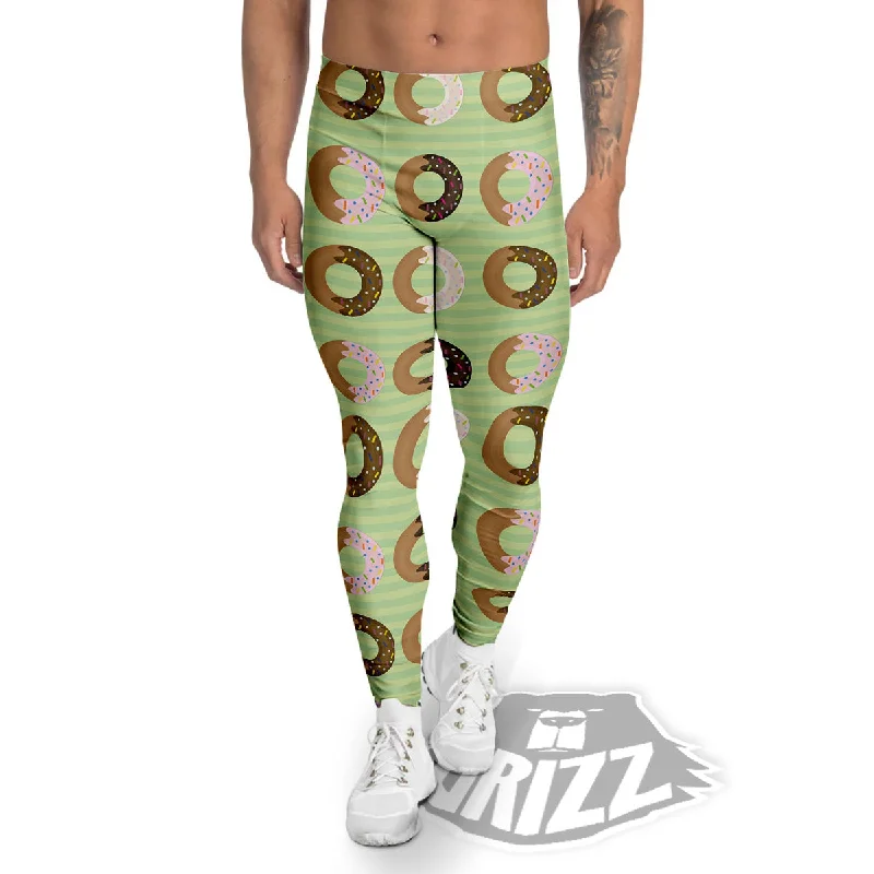 Donut Striped Green Print Pattern Men's Leggings