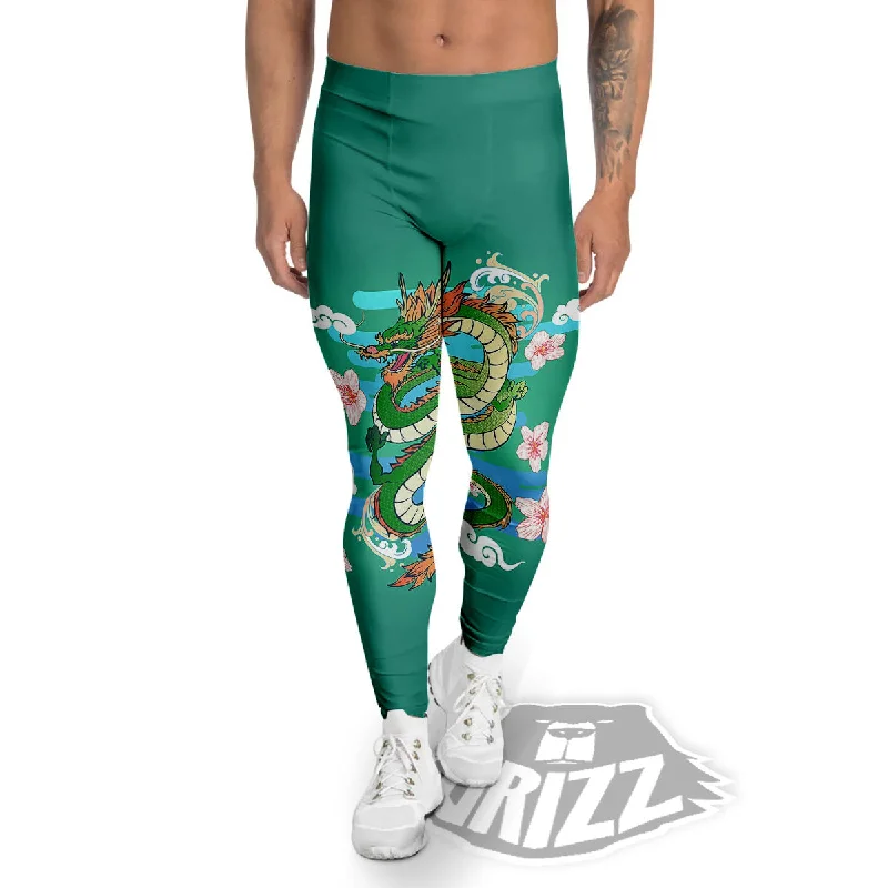 Dragon Tattoo Green Japanese Print Men's Leggings