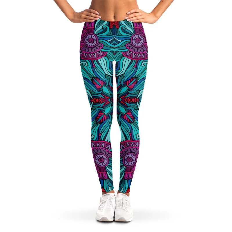 Ethnic Teal Bohemian Pattern Print Women's Leggings