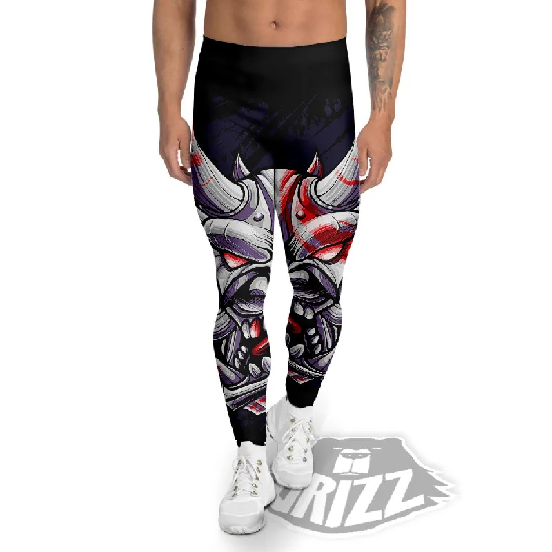 Evil Samurai Mask Print Men's Leggings