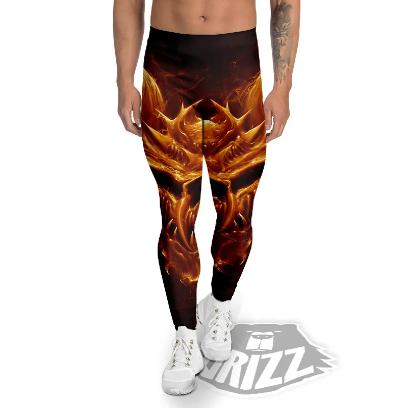 Evil Skull Flaming Print Men's Leggings