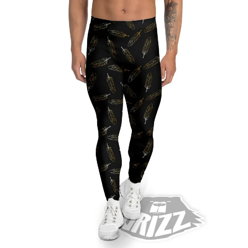 Feather Black And Gold Print Pattern Men's Leggings