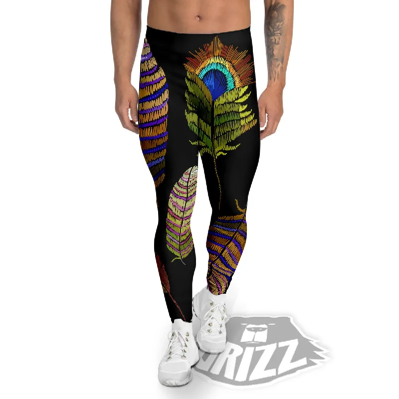 Feather Embroidery Peacock Print Men's Leggings