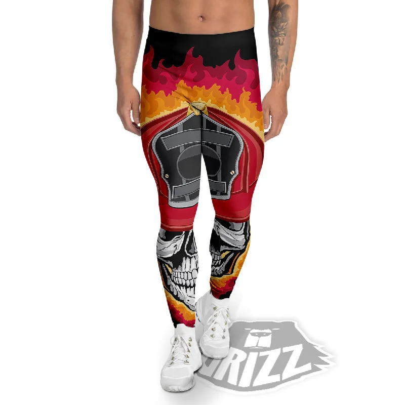 Firefighter Skull Flaming Print Men's Leggings