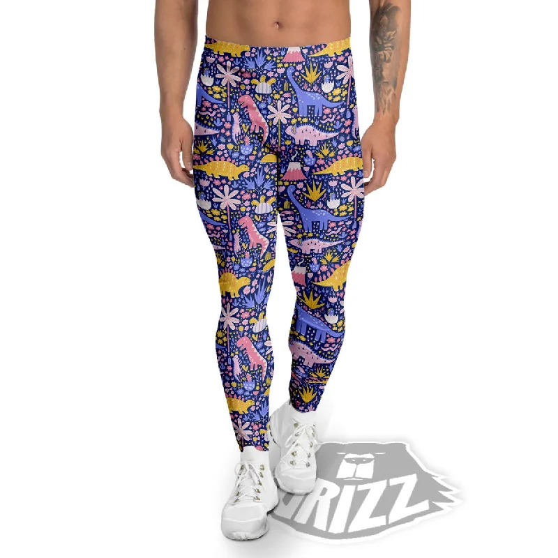 Floral And Cute Dinosaur Print Pattern Men's Leggings