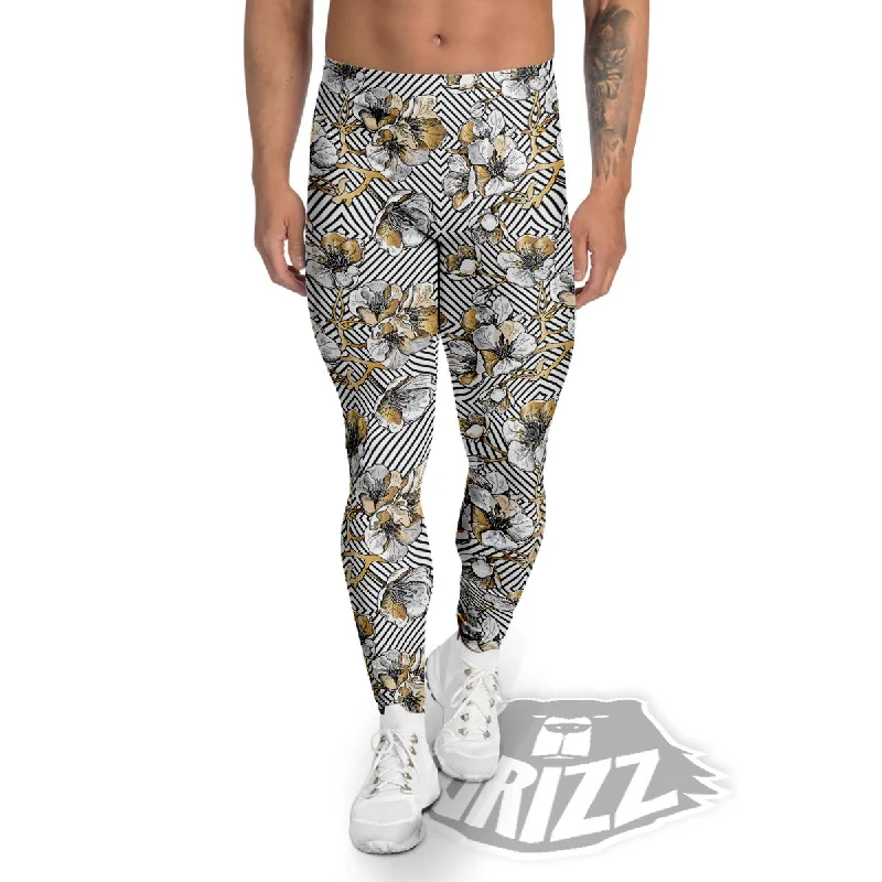 Floral Geometric Japanese Print Pattern Men's Leggings