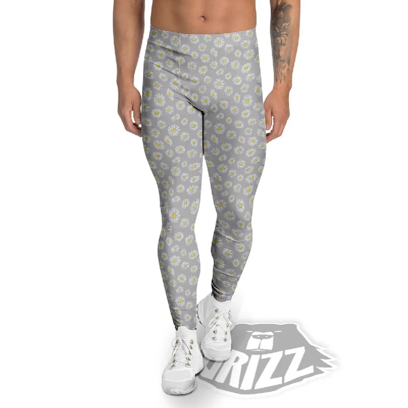 Floral Grey Daisy Print Pattern Men's Leggings