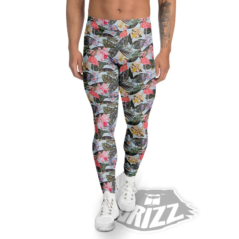 Floral Hawaiian And Flamingo Print Men's Leggings