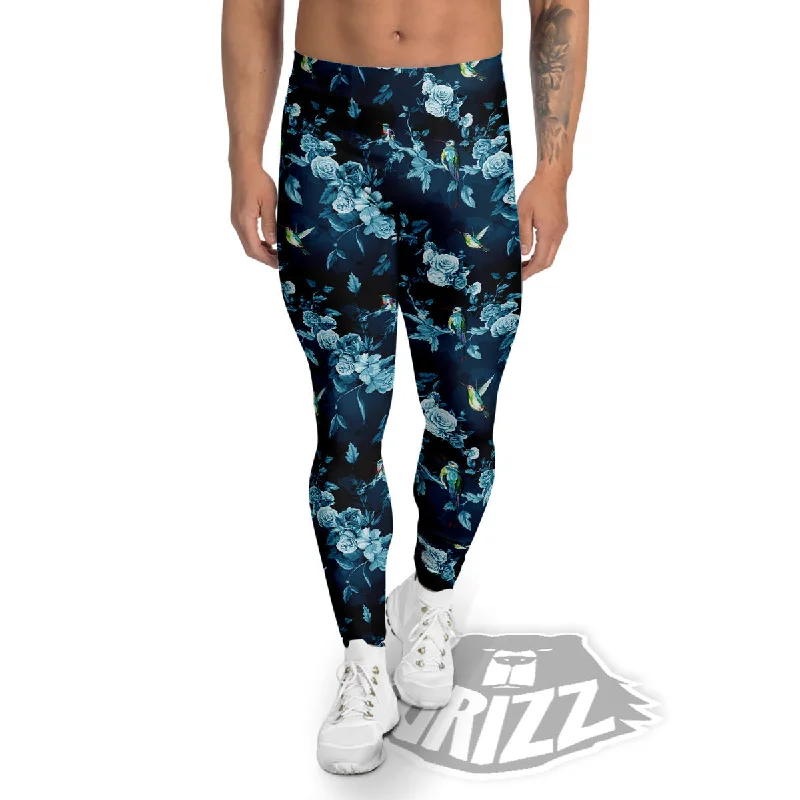 Floral Hummingbird Dark Blue Print Men's Leggings