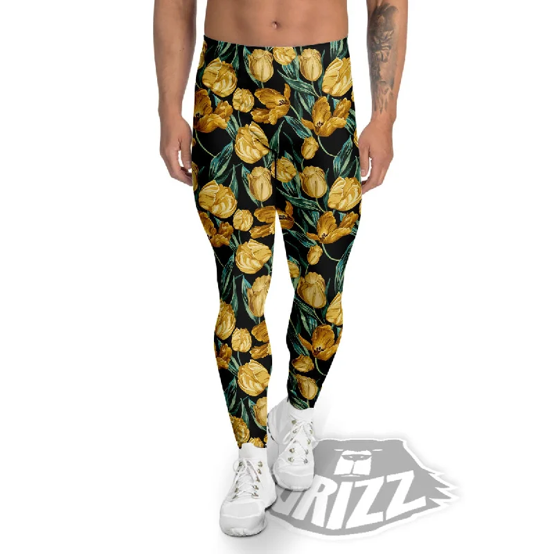 Floral Yellow And Gold Print Men's Leggings