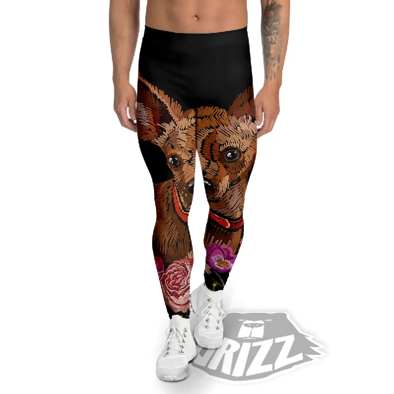 Flower And Chihuahua Embroidery Print Men's Leggings