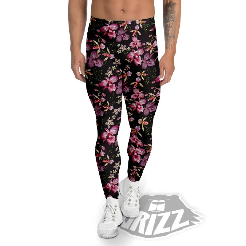 Flower Embroidery Orchid Print Pattern Men's Leggings