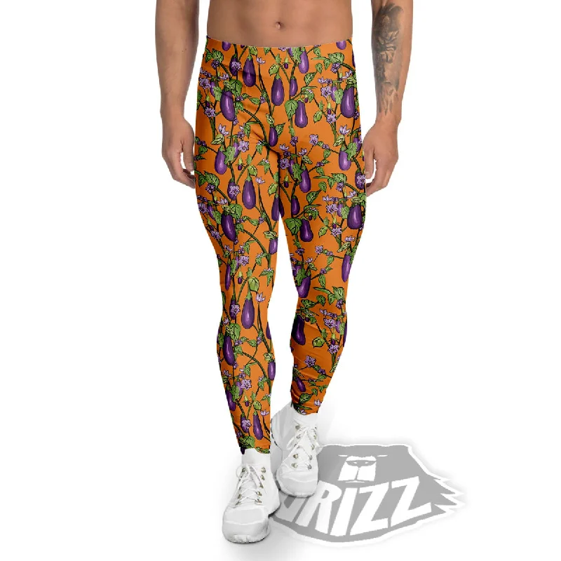 Flowers And Eggplant With Leaves Print Men's Leggings