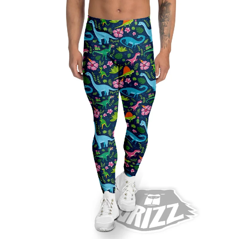 Flowers And Leaves Cute Dino Print Men's Leggings