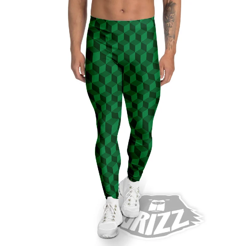 Geometric Cube Dark Green Print Pattern Men's Leggings