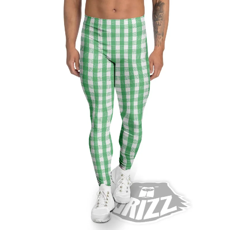 Gingham White And Green Print Pattern Men's Leggings