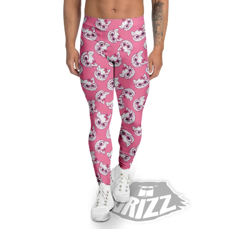 Girly Cat With Glasses Print Pattern Men's Leggings