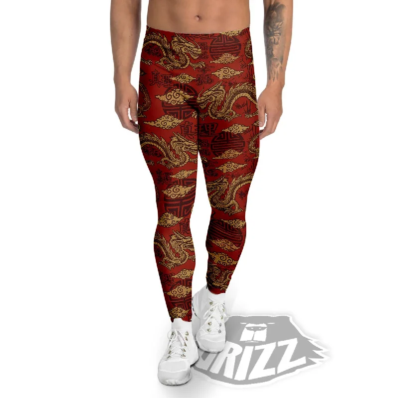 Gold Chinese Dragon Print Pattern Men's Leggings