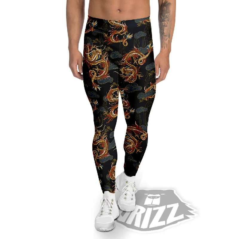 Gold Dragon Japanese Print Pattern Men's Leggings