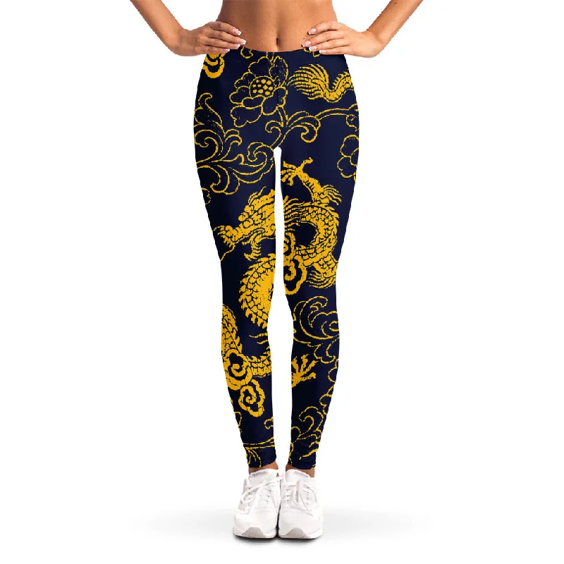 Gold Japanese Dragon Pattern Print Women's Leggings