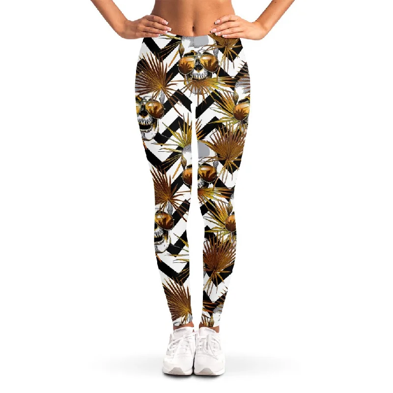 Gold Tropical Skull Pattern Print Women's Leggings