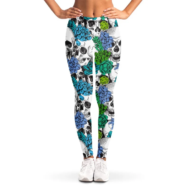 Green Blue Flowers Skull Pattern Print Women's Leggings