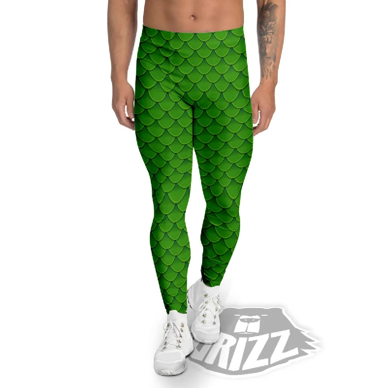 Green Dragon Scales Print Pattern Men's Leggings