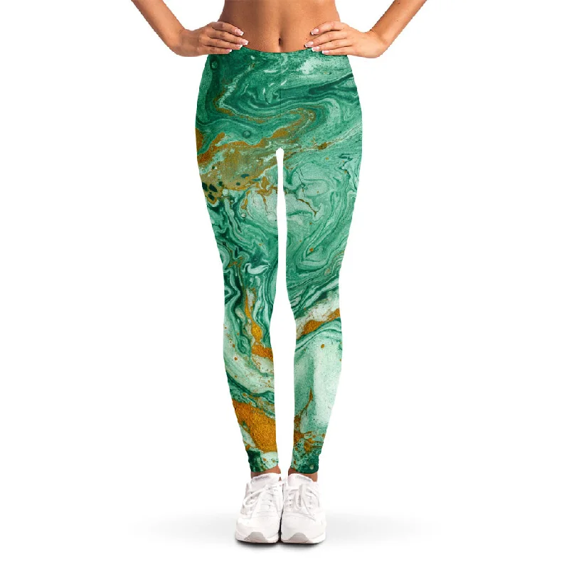 Green Gold Liquid Marble Print Women's Leggings