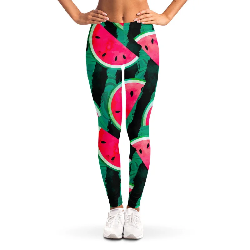 Green Striped Watermelon Pattern Print Women's Leggings