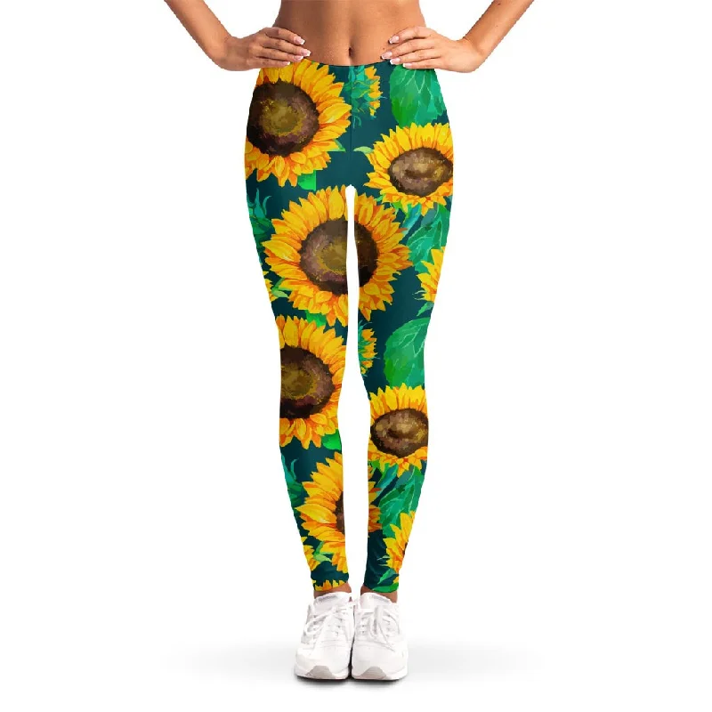 Green Watercolor Sunflower Pattern Print Women's Leggings