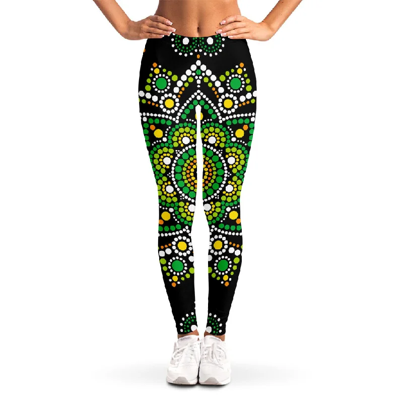 Green White Dot Mandala Print Women's Leggings