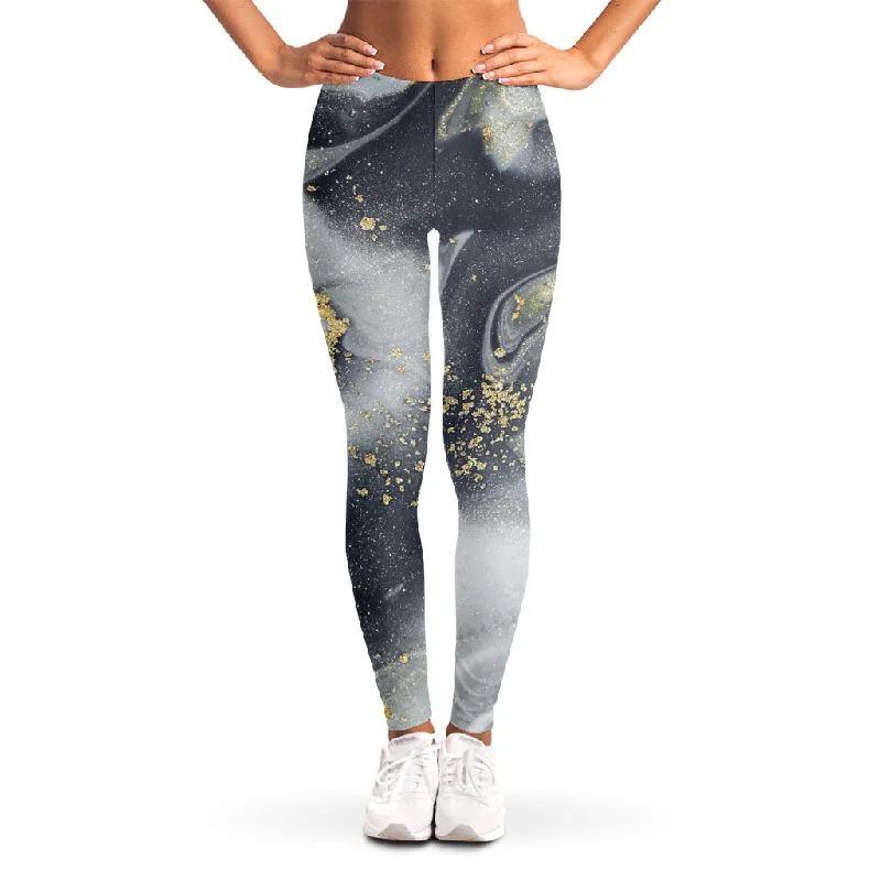 Grey Gold Liquid Marble Print Women's Leggings