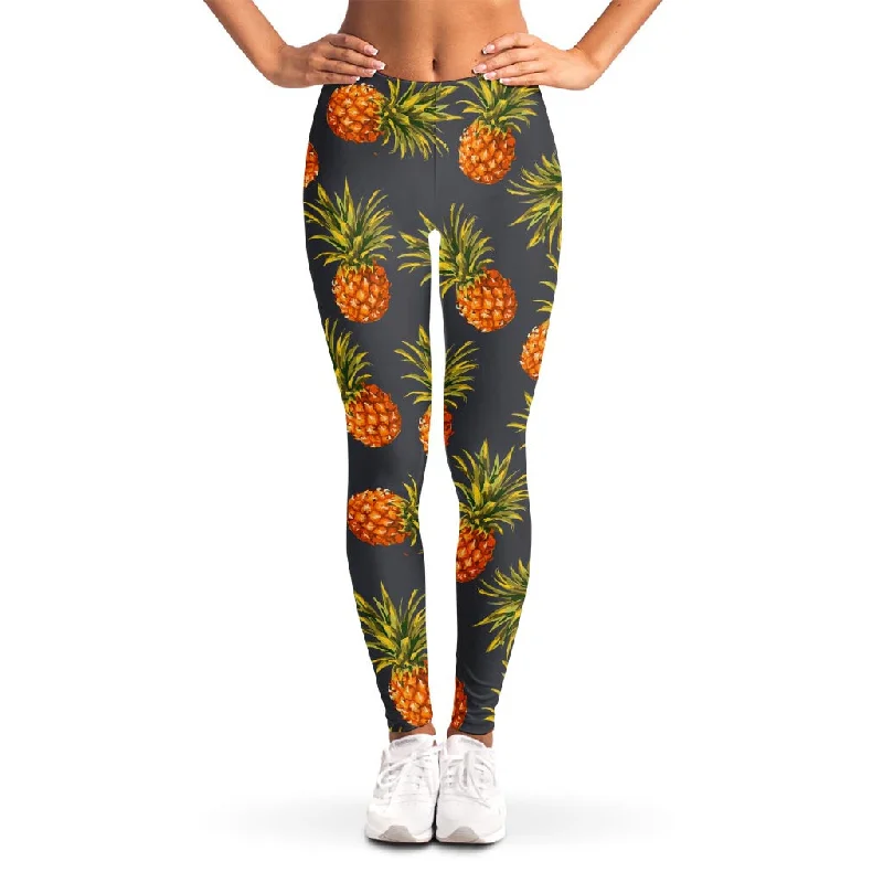 Grey Watercolor Pineapple Pattern Print Women's Leggings