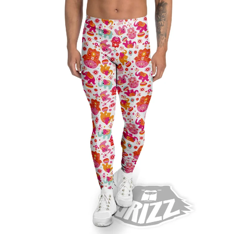 Hamsa And Girly Elephant Print Pattern Men's Leggings