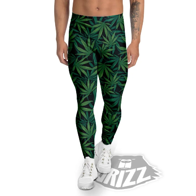 Hemp Dark Green Print Pattern Men's Leggings