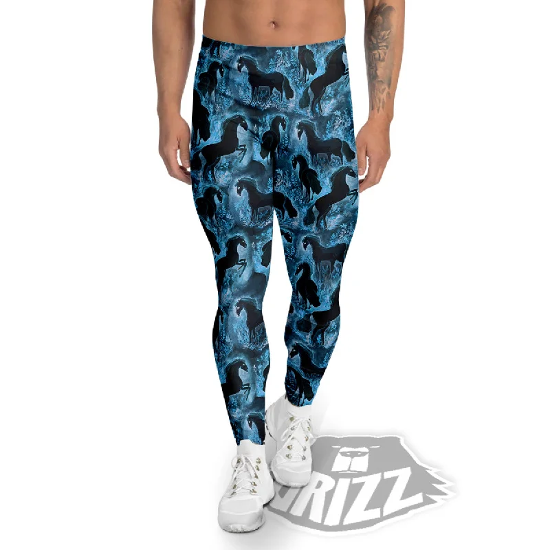 Horse Painting Dark Blue Print Men's Leggings