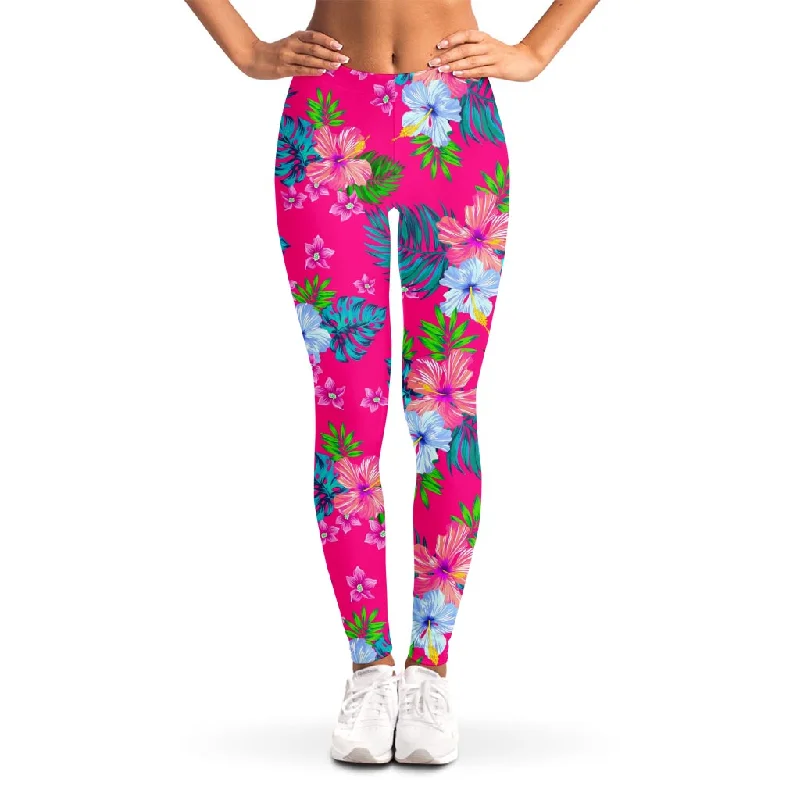 Hot Pink Aloha Hibiscus Pattern Print Women's Leggings