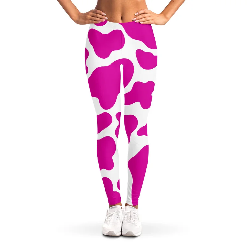 Hot Pink And White Cow Print Women's Leggings