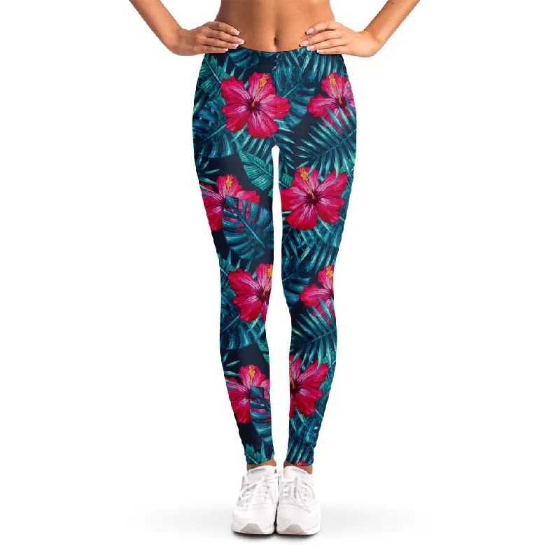 Hot Pink Hibiscus Tropical Pattern Print Women's Leggings