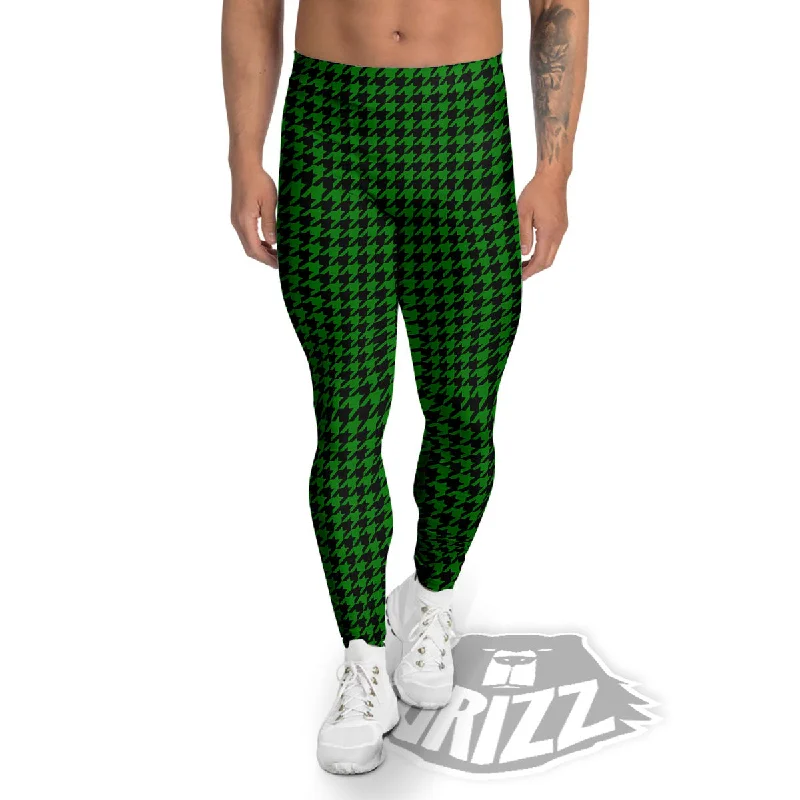 Houndstooth Deep Green Print Pattern Men's Leggings