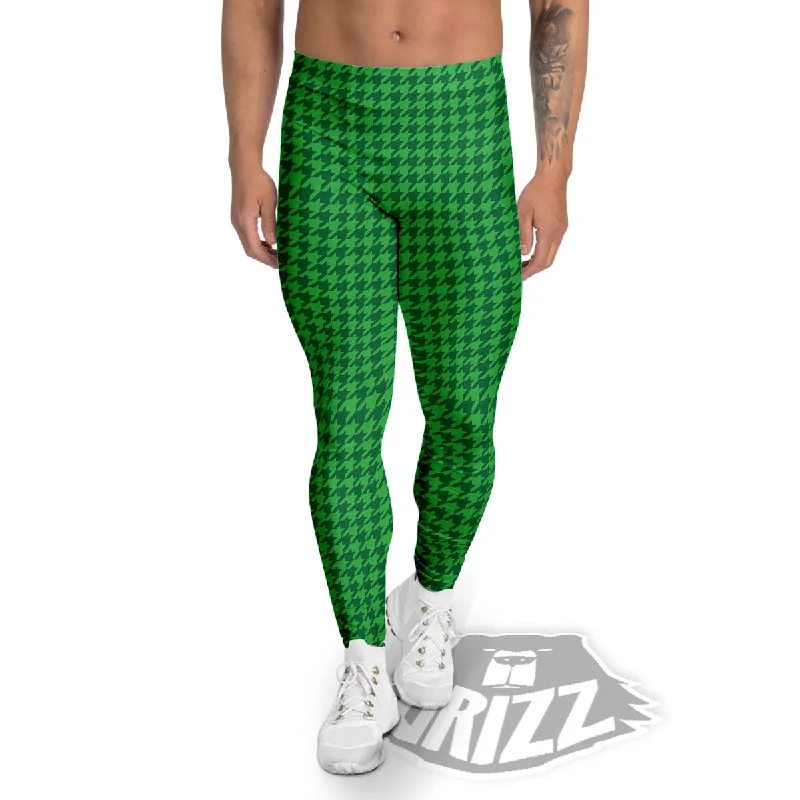 Houndstooth Green Print Pattern Men's Leggings