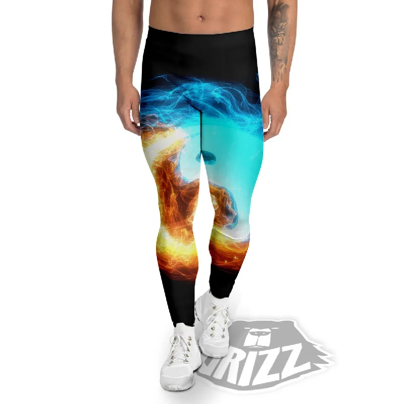 Ice And Fire Sparkle Yin Yang Print Men's Leggings