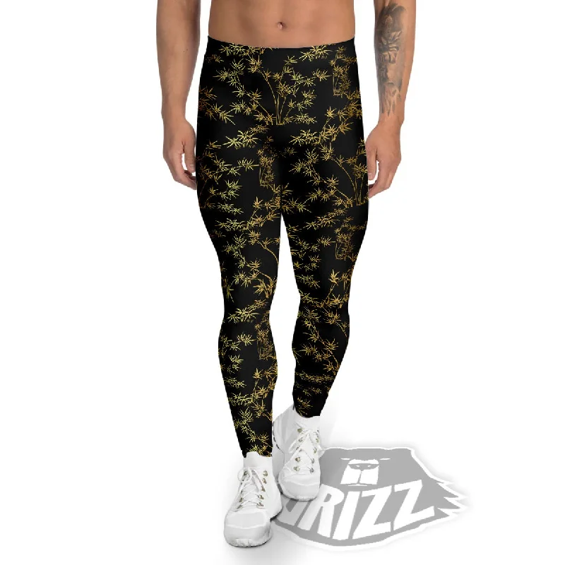 Japanese Bamboo Black And Gold Print Pattern Men's Leggings