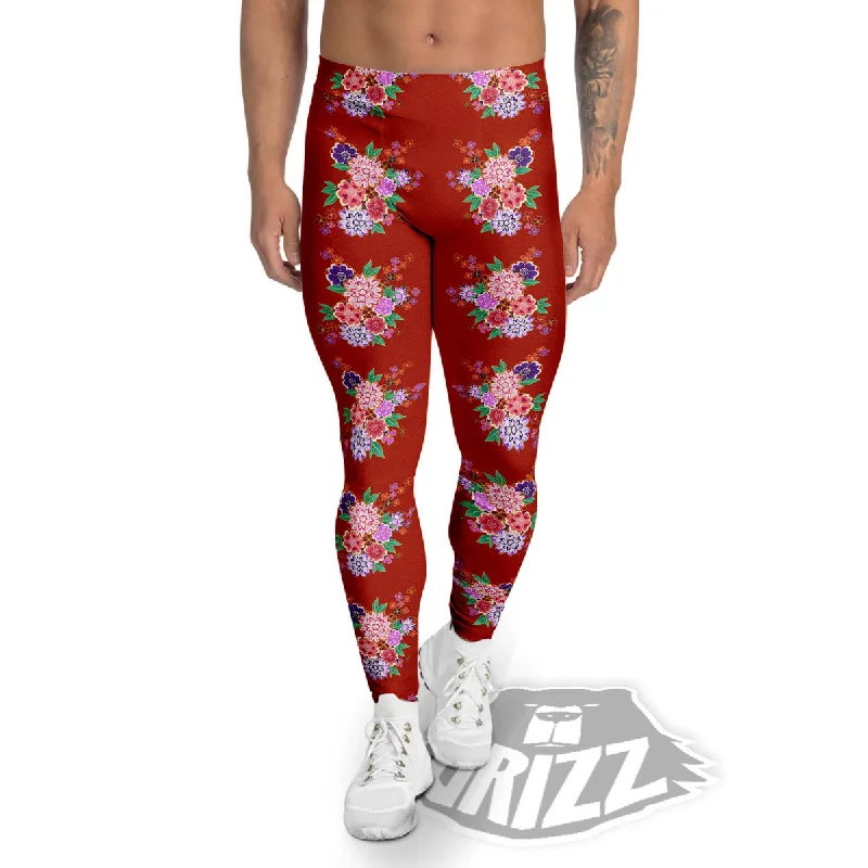 Kimono Floral Print Pattern Men's Leggings