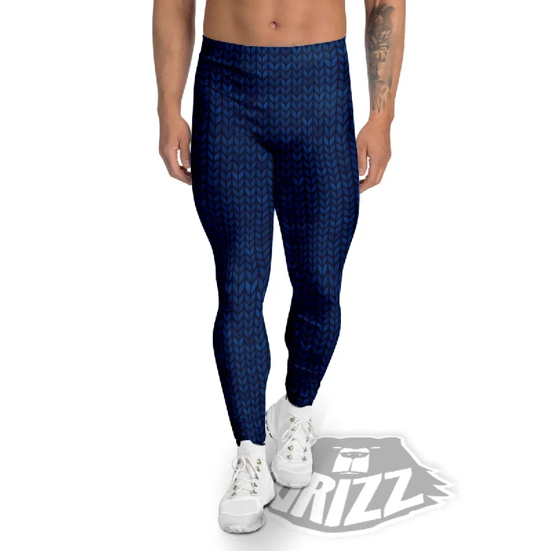 Knitted Deep Blue Print Pattern Men's Leggings