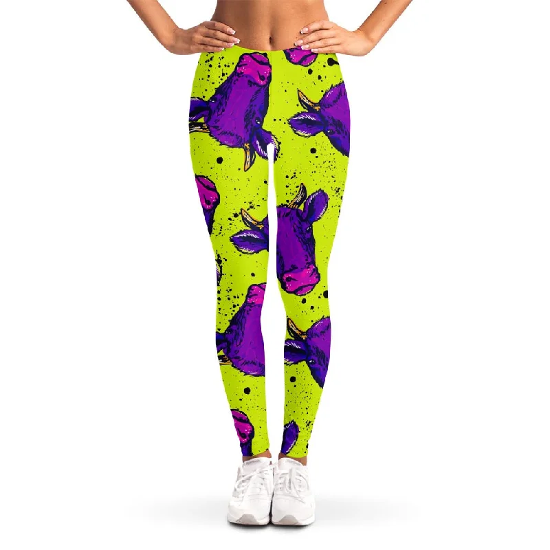 Lime Green And Purple Cow Pattern Print Women's Leggings