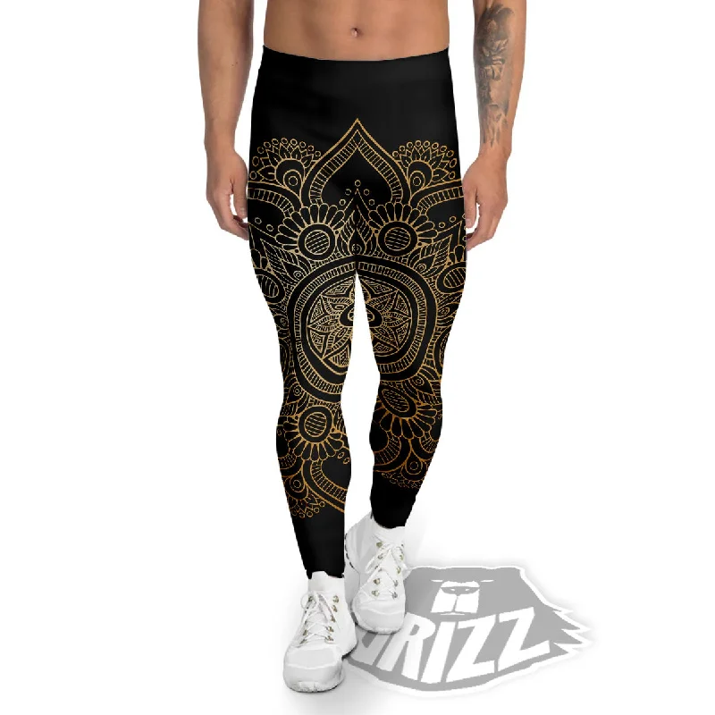 Mandala Black And Gold Print Men's Leggings