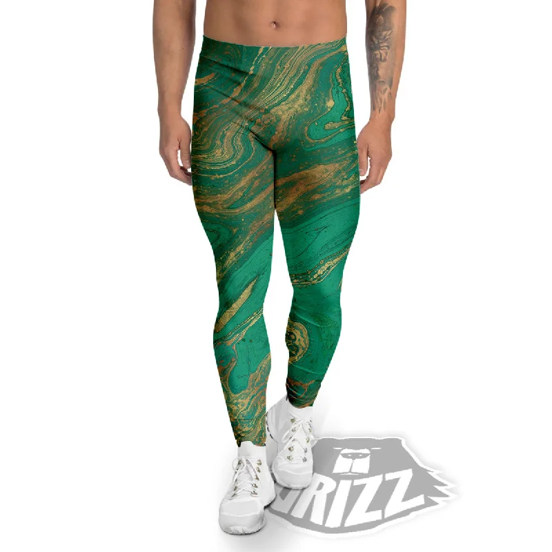 Marble Liquid Green Gold Print Men's Leggings